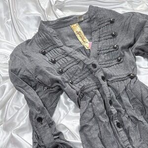 y2k military Tunic Top Grey Fair Spoiled Button Down Empire Waist Roll Tab XL